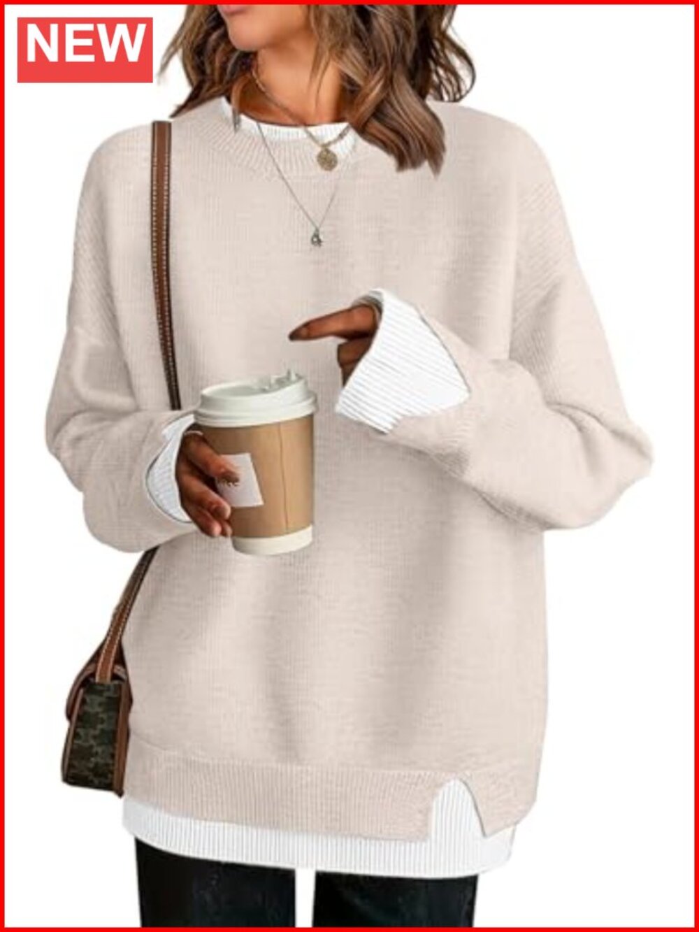 Womens Oversized Patchwork Sweater Crew Neck Pullover Knit
